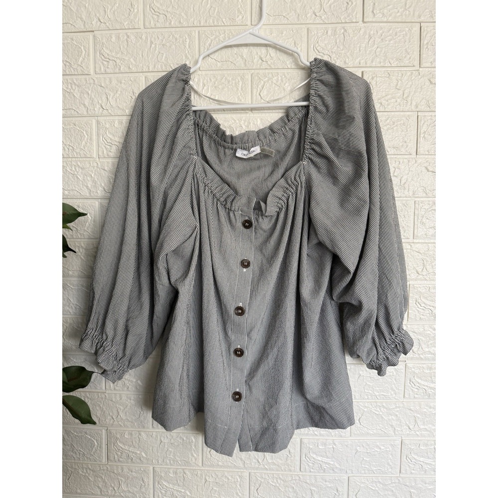 Calvin Klein Women Black Striped Square Neck Button Up Puff Sleeve Top Large